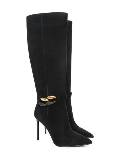 Велюровые черные сапоги на шпильке